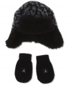 Bundle him up in warm fuzzy style with this Jordan sherpa lined hat and mitten set by Nike.