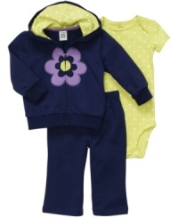 Keep her blooming throughout the day in this adorable bodysuit, hoodie and pant set from Carter's. Keep her blooming throughout the day in this adorable bodysuit, hoodie and pant set from Carter's.