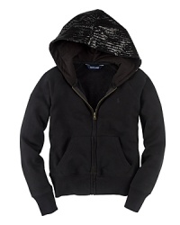 A classic full-zip hoodie is rendered in soft and warm cotton, tailored with raglan sleeves and updated with a stylish sequined hood. A classic full-zip hoodie is rendered in soft and warm cotton, tailored with raglan sleeves and updated with a stylish sequined hood.