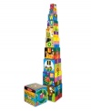 Brightly colored animals and familiar objects illustrate the letters of the alphabet on these cardboard blocks. Nested, the ten vibrant blocks fit into the included carrying case. Stacked, they form a tower nearly three feet high!