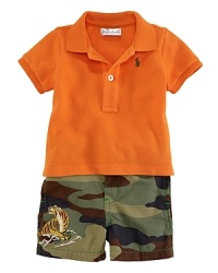 Inspired by the rugged wilderness, this adorable set pairs a preppy polo with durable camouflage shorts that feature cute tiger embroidery for a modern, handsome look. Inspired by the rugged wilderness, this adorable set pairs a preppy polo with durable camouflage shorts that feature cute tiger embroidery for a modern, handsome look.