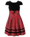 Accented with a graceful bow at waist is this gorgeous dress by Bloom with velvet top and plaid bottom.