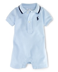 A preppy short-sleeved shortall in breathable cotton mesh is adorned with signature pony embroidery.Ribbed striped polo collar, two-button placket, ribbed armbands. A preppy short-sleeved shortall in breathable cotton mesh is adorned with signature pony embroidery.Ribbed striped polo collar, two-button placket, ribbed armbands.