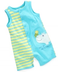 Take me, take me! He'll be raring to go on any adventure in this precious sunsuit from First Impressions. Take me, take me! He'll be raring to go on any adventure in this precious sunsuit from First Impressions.