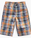 Playful in plaid. Get him ready for the day in these stylish and comfortable flat-front shorts from Nautica.