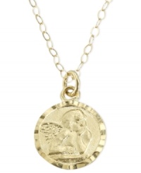 Intricate, raised details lend this charming guardian angel pendant a touch of whimsy. Crafted of 14k gold. Chain measures 15.