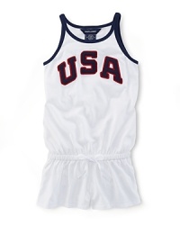 A red, white and blue design with U.S.A. patching gives a preppy, all-American look to a pretty warm-weather romper in celebration of Team USA's participation in the 2012 Olympics. A red, white and blue design with U.S.A. patching gives a preppy, all-American look to a pretty warm-weather romper in celebration of Team USA's participation in the 2012 Olympics.