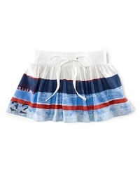 Making a splash in bold sailor-inspired stripes, this breezy flared skirt in soft cotton jersey channels sweet nautical style. Making a splash in bold sailor-inspired stripes, this breezy flared skirt in soft cotton jersey channels sweet nautical style.