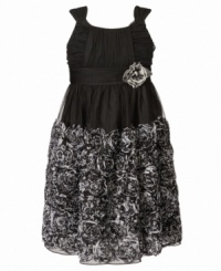 Adorable arrangements. A bouquet of rosette details lines the sheer skirt overlay of this flower trim dress from Bonnie Jean. Adorable arrangements. A bouquet of rosette details lines the sheer skirt overlay of this flower trim dress from Bonnie Jean.