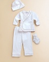 The perfect take-home set in ultra-soft cotton, adorned with the sweetest floral vine trim.Hat with picot trimWrap-front long sleeved tee with scalloped trim and snap closuresElastic waist pantsCuffed socksMachine washCottonImported