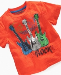 A cute look that will strike exactly the right chord, this tee from Flapdoodles will help make his closet rock harder. A cute look that will strike exactly the right chord, this tee from Flapdoodles will help make his closet rock harder.