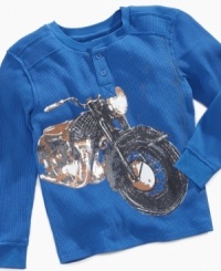 Ready to ride. He'll look great in this cozy waffle henley from Flapdoodles. Ready to ride. He'll look great in this cozy waffle henley from Flapdoodles.