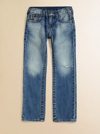 A classic, straight-leg design with fading on the knees and thighs and precise distressed details. Belt loops Front zip with snap closure Scoop front pockets Coin flap pocket with snap Contrast horseshoe embroidery on back flap pockets Cotton Machine wash Imported of domestic fabric A classic, straight-leg design with fading on the knees and thighs and precise distressed details. Belt loops Front zip with snap closure Scoop front pockets Coin flap pocket with snap Contrast horseshoe embroidery on back flap pockets Cotton Machine wash Imported of domestic fabric