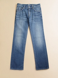Featuring a subtly faded, medium wash, these cotton jeans will be one of his favorite styles, guaranteed.Button closureZip flyFront whiskeringFive-pocket styleBelt loopsMetal rivet details Slightly distressed pocketsCottonMachine washImported Featuring a subtly faded, medium wash, these cotton jeans will be one of his favorite styles, guaranteed.Button closureZip flyFront whiskeringFive-pocket styleBelt loopsMetal rivet details Slightly distressed pocketsCottonMachine washImported