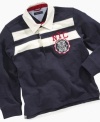 A big city look for the little guy: Tommy Hilfiger rugby shirt with NYC and logo patch.