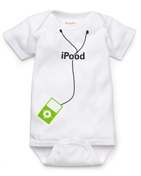 A short sleeve romper with iPood and music player printed on front. A short sleeve romper with iPood and music player printed on front.