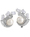 Add elegance to your style equation. Carolee's chic clip-on earrings feature clusters of glass pearls and sparkling accents in marquise, baguette and circular cuts. Set in silver tone mixed metal. Approximate drop length: 3/4 inch. Approximate drop width: 1/2 inch.