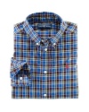 A cotton oxford button-down shirt embroidered with Ralph Lauren's pony offers a handsome, preppy-in-plaid look.