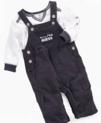 2 piece set by Guess? includes corduroy overalls and tee. 2 piece set by Guess? includes corduroy overalls and tee.