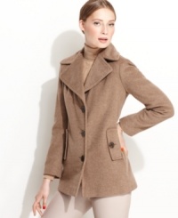 Calvin Klein's classic car coat features a streamlined silhouette and a touch of silk in the fabric for a luxurious feel. Calvin Klein's classic car coat features a streamlined silhouette and a touch of silk in the fabric for a luxurious feel.