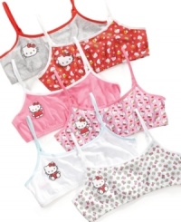 Get her fun patterns with comfort and support with this 2-pack of cropped bras from Hello Kitty. Get her fun patterns with comfort and support with this 2-pack of cropped bras from Hello Kitty.