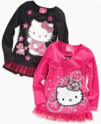 Keep her at the top of her style game with these long-sleeve graphic tees, with dainty mesh ruffles to add adorable flair. Keep her at the top of her style game with these long-sleeve graphic tees, with dainty mesh ruffles to add adorable flair.