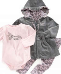 Keep the chill at bay with this darling bodysuit, legging and jacket 3-piece set from Calvin Klein. Keep the chill at bay with this darling bodysuit, legging and jacket 3-piece set from Calvin Klein.