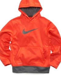A warm hoodie in a hot color: Nike's neon performance pullover made of moisture-wicking Therma-FIT printed with the brand's iconic Swoosh logo. A warm hoodie in a hot color: Nike's neon performance pullover made of moisture-wicking Therma-FIT printed with the brand's iconic Swoosh logo.
