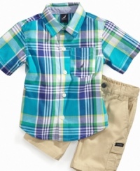 Steal the spotlight! Vibrant colors help him standout even more than usual in this bold plaid shirt and cargo short set from Nautica. Steal the spotlight! Vibrant colors help him standout even more than usual in this bold plaid shirt and cargo short set from Nautica.