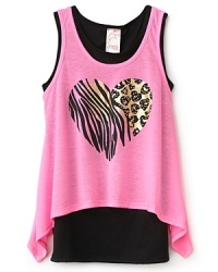 A studded animal print heart on a flowing, arc-hem cropped overlay ups the ante in this wild tank top from Kiddo. A studded animal print heart on a flowing, arc-hem cropped overlay ups the ante in this wild tank top from Kiddo.