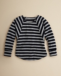 The perfect partner for skinny pants, this super-hip sweater shines with metallic stripes - diagonal at the shoulder, horizontal throughout - and long dolman sleeves for the ultimate in chic slouch. The perfect partner for skinny pants, this super-hip sweater shines with metallic stripes - diagonal at the shoulder, horizontal throughout - and long dolman sleeves for the ultimate in chic slouch.