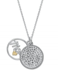 Tell mom how you really feel this Mother's Day. This double circle pendant features the word Mom in a cut-out circle setting with a 14k gold over sterling silver heart accent. The second disc is covered with pave-set crystals for extra shine. Crafted in sterling silver. Approximate length: 18 inches. Approximate drop: 1 inch. Tell mom how you really feel this Mother's Day. This double circle pendant features the word Mom in a cut-out circle setting with a 14k gold over sterling silver heart accent. The second disc is covered with pave-set crystals for extra shine. Crafted in sterling silver. Approximate length: 18 inches. Approximate drop: 1 inch.