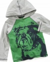 Bulldog look. He can put together a tough look with this graphic hoodie from Flapdoodles.