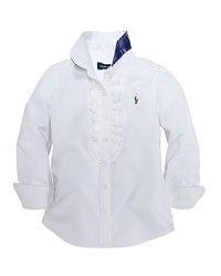 Tie-striped, crested satin lining on the underside of the collar gives an adorably fashionable look to a ruffled cotton oxford shirt. Tie-striped, crested satin lining on the underside of the collar gives an adorably fashionable look to a ruffled cotton oxford shirt.