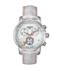Sport performance meets feminine style with this limited edition Danica Patrick collection watch by Tissot. PRC 200 timepiece crafted of white leather strap and round stainless steel case. Mother-of-pearl chronograph dial features 20 diamond accent dot markers, tachymeter scale at outer rim, orange numeral at seven o'clock, minute track, date window at four o'clock, luminous hour and minute hands, orange second hand, three subdials and logo at twelve o'clock. Swiss quartz movement. Water resistant to 200 meters. Two-year limited warranty. Sport performance meets feminine style with this limited edition Danica Patrick collection watch by Tissot. PRC 200 timepiece crafted of white leather strap and round stainless steel case. Mother-of-pearl chronograph dial features 20 diamond accent dot markers, tachymeter scale at outer rim, orange numeral at seven o'clock, minute track, date window at four o'clock, luminous hour and minute hands, orange second hand, three subdials and logo at twelve o'clock. Swiss quartz movement. Water resistant to 200 meters. Two-year limited warranty.