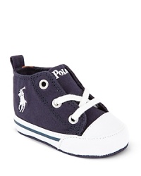 A cute classic for your preppy baby boy, the hi-top Montauk sneaker is crafted in breathable canvas and features a 2-ring lace up closure for easy on-off. A cute classic for your preppy baby boy, the hi-top Montauk sneaker is crafted in breathable canvas and features a 2-ring lace up closure for easy on-off.