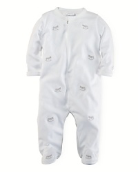 An adorable long-sleeved footed coverall crafted in soft cotton jersey is accented with schiffli embroidery. An adorable long-sleeved footed coverall crafted in soft cotton jersey is accented with schiffli embroidery.