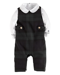 An essential, classic set pairs a preppy plaid overall with a soft cotton jersey bodysuit. An essential, classic set pairs a preppy plaid overall with a soft cotton jersey bodysuit.