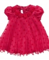 Lovely dress by Bonnie Baby with an overflow of dots and rose detail on collar.