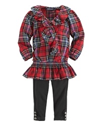 A cheery plaid dress is accented with pretty asymmetrical ruffles and paired with a comfortable cotton legging. A cheery plaid dress is accented with pretty asymmetrical ruffles and paired with a comfortable cotton legging.