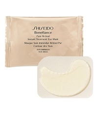 Shiseido Benefiance Pure Retinol Instant Treatment Eye Mask. Concentrated under-eye treatment sheet mask developed with Shiseido exclusive Pure Liquid Retinol Delivery System, designed to visibly improve fine lines, crow's feet and uneven texture in just 15 minutes. Formulated with Ginseng Extract and Vitamin C derivative to effectively improve the appearance of dark circles and dullness. May also be used around lips for exceptional smoothing benefits. Recommended for all skin types. Use 2-3 times a week after cleansing and balancing. Follow with sun protection when used during the day.