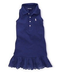 The classic cotton-mesh polo dress is given a sweet warm-weather look in a sleeveless silhouette with a cute eyelet skirt.Ribbed polo collar. The classic cotton-mesh polo dress is given a sweet warm-weather look in a sleeveless silhouette with a cute eyelet skirt.Ribbed polo collar.