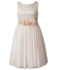 A heavenly brocade creation with rosette detailing. She'll feel like a fairy princess in her Sweet Heart Rose dress. A heavenly brocade creation with rosette detailing. She'll feel like a fairy princess in her Sweet Heart Rose dress.