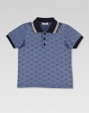 Distinctive double-G diamond pattern polo shirt sports signature stripes at the collar.Striped rib knit polo collar Button placket Short sleeves with solid banded cuffs Straight hem Cotton; hand wash Made in Italy
