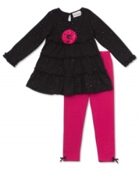 Dazzling top with bright rosette and matching leggings by Rare Editions. Dazzling top with bright rosette and matching leggings by Rare Editions.