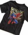 Give your amazing wall crawler an extra-added superpower with a glow-in-the-dark graphic of Spidey on this T-Shirt from Mad Engine.