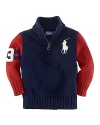 A sporty full-zip mockneck sweater is rendered in breathable combed cotton in a color-blocked design with a Big Pony for bold style.