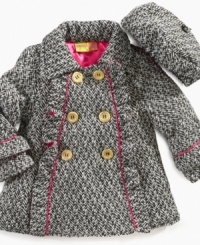 She'll be dashing through the snow in darling style with this cute coat and hat set by Penelope Mack. She'll be dashing through the snow in darling style with this cute coat and hat set by Penelope Mack.