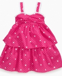 Starry night. She'll fall for this dark ruffly dress, with a polka dot pattern like a clear night sky. Starry night. She'll fall for this dark ruffly dress, with a polka dot pattern like a clear night sky.