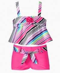 Add some hip to her swimwear style with this modern, striped tank and boyshort swimsuit from Penelope Mack. Add some hip to her swimwear style with this modern, striped tank and boyshort swimsuit from Penelope Mack.